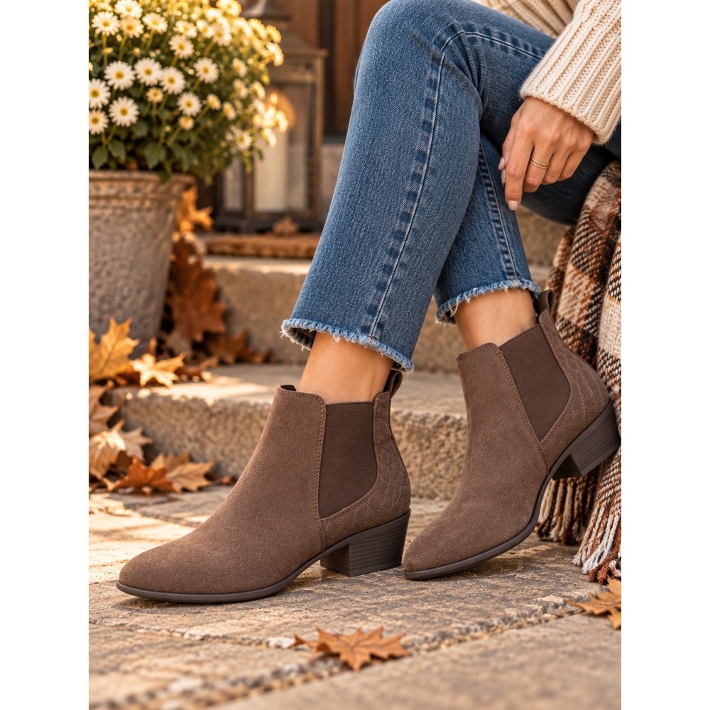 Xappeal Womens Brown Faux Suede Quilted Ankle Boots Size 9.5 Chelsea Booties